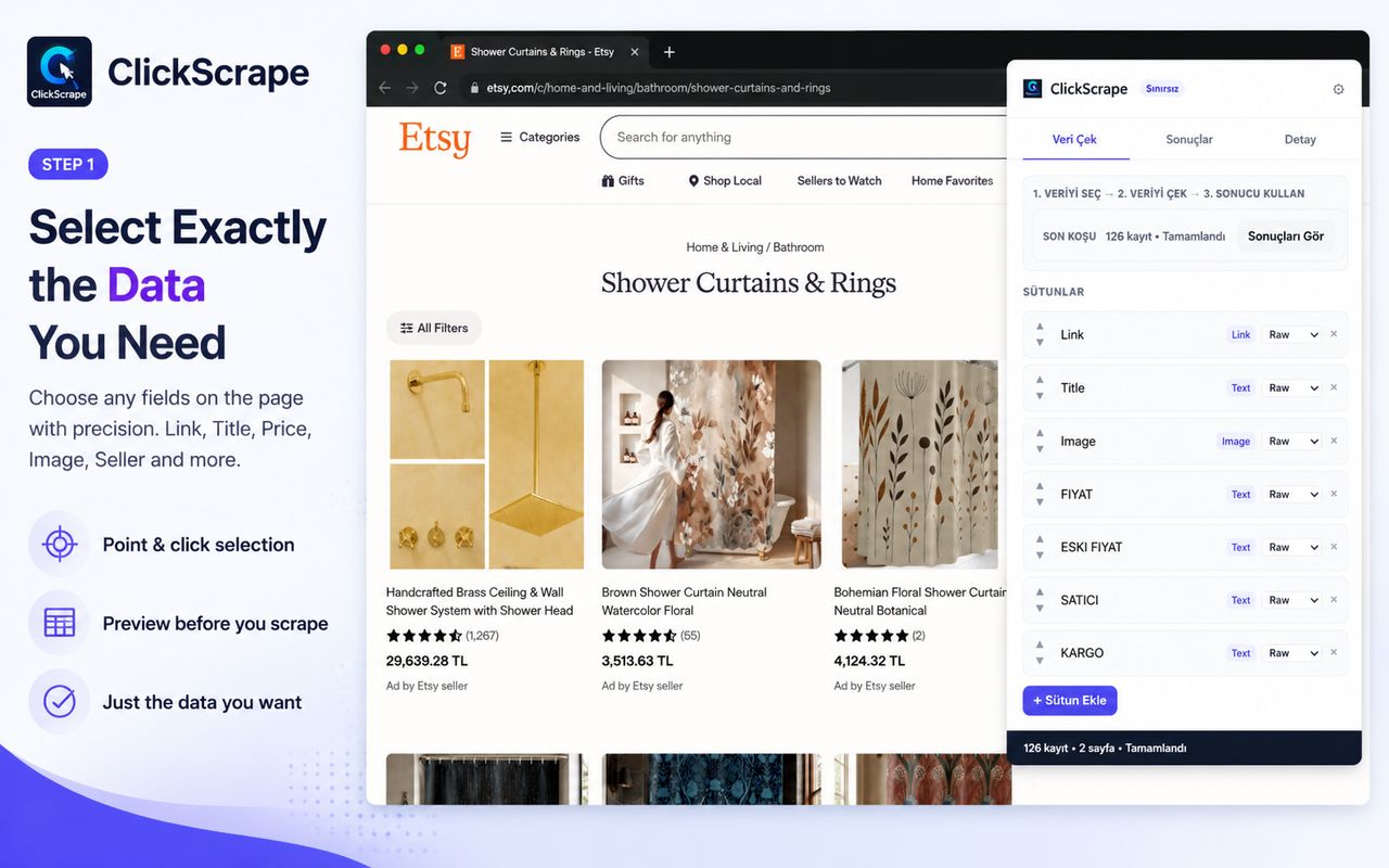 ClickScrape selecting Link, Title, Price and Seller fields on an Etsy listing page